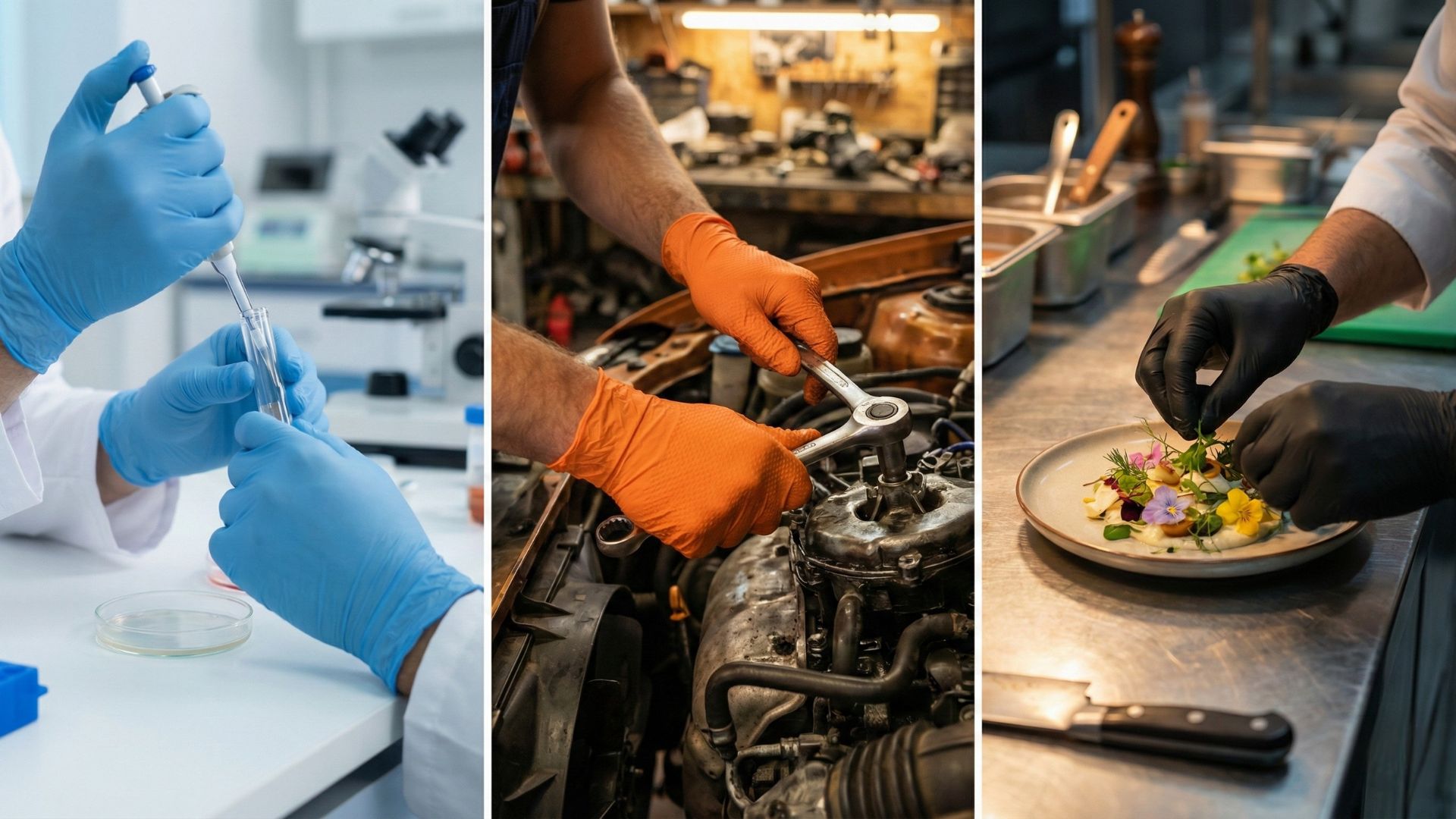 Guantes de nitrilo en uso - laboratorio, automotriz y cocina profesional