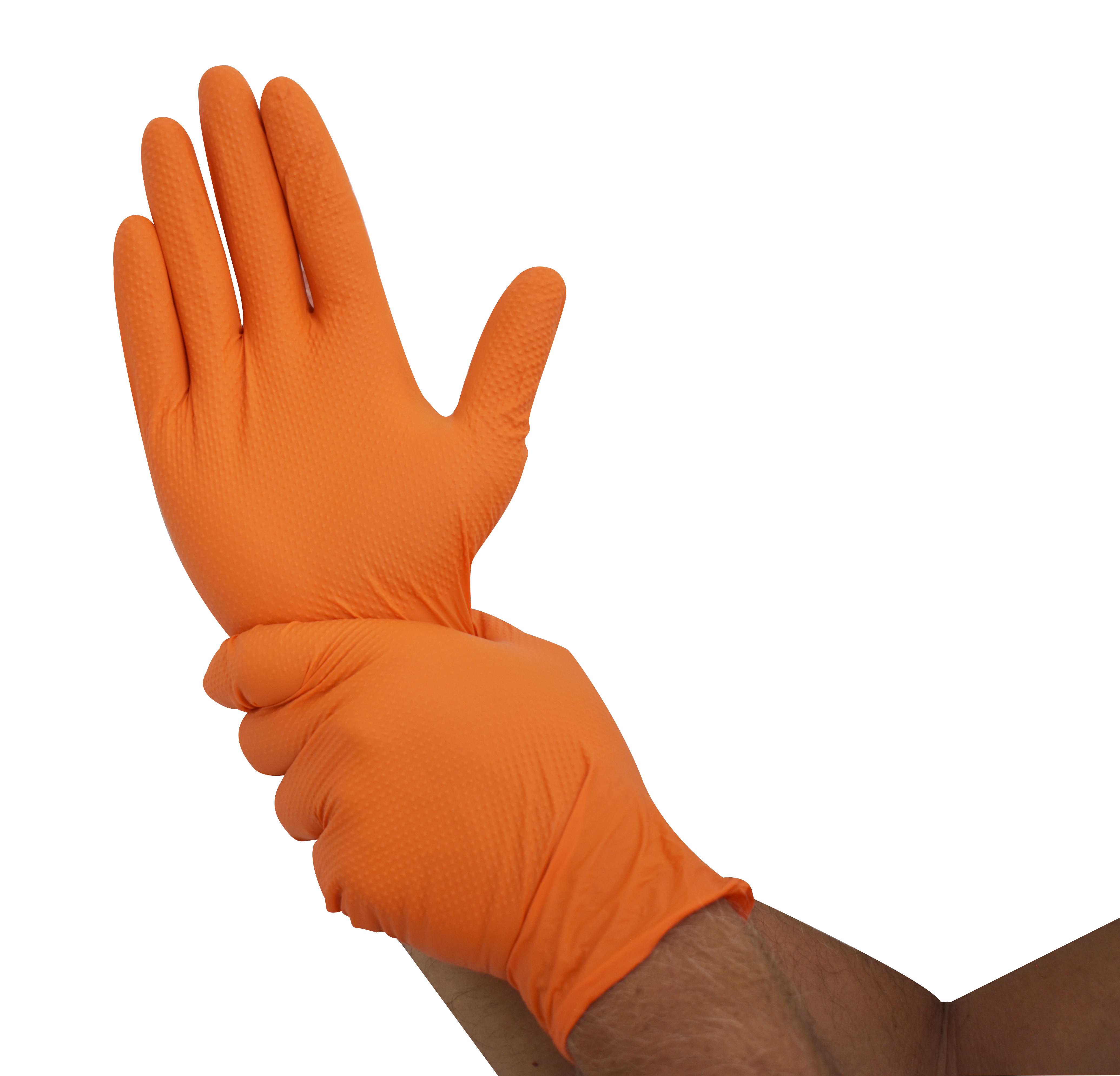 Guante nitrilo Naranja Lord International Gloves en mano